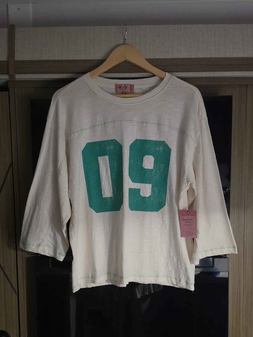 NWT, 3/4 SLEEVE SPORTY TEE WITH GRAPHIC # BY " OBSESSIVE LOVE"